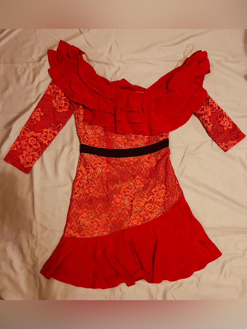 For Love & Lemons Red Off-Shoulder Ruffle Lace Fit & Flare Dress Size Small